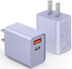 [2 Pack] USB-C Wall Charger, 20W Dual Port QC+PD3.0 Power Adapter, Double Fast Plug Charging Block for Samsung Galaxy S22 S21/S21+/S21Ultra/S20/S20+/S20 FE/Note 20Ultra, iPhone 13/14 Brick Box, Purple - OEM