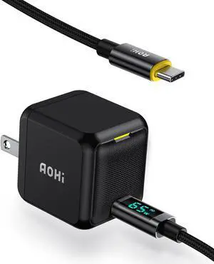 AOHI 65W PD USB C Charger, GaN+ Magcube Mini Fast Wall Charger Power Adapter with 4ft USB C to USB C LED Display Cable for Notebook MacBook Pro/Air, Galaxy S22/S21, iPhone 14/Plus/Pro Max/13/12, Black - OEM