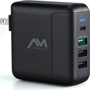USB Wall Charger 40W, Amlink 4-Port USB C Charger, QC 3.0 Fast Charger Block, Multiport USB Charger Foldable Power Adapter for iPhone 14/14 Pro/14 Pro Max/13/12/11, XS/XR/X, iPad, Galaxy, Note, Pixel - OEM
