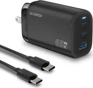 65W Wall Charger, Geceninov GaN Charger, Latest GaN III Chip, 3-Port USB C Charger with 5ft USB-C Cable for MacBook Pro/Air, iPad Pro/Air, iPhone 14/13/12 Mini/Pro/Max, S22/S21/S20, Pixel 6/5 and more - OEM