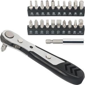 Mini Ratchet Set, 22-Piece 1/4 Ratchet Right Angle Screwdriver, 36-Tooth Small Ratcheting Wrench Bit Ratchet For Tight Spaces, with Phillips, Slotted, Torx, Hex, Square and Adapter for Socket