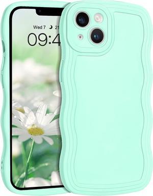 Designed for iPhone 14 Case, Mint Green Soft Silicone Gel Rubber Phone Cover, Cute Curly Wave Frame Shape Slim TPU Bumper Women Girly Shockproof Protective Case 6.1 Inch, Light Cyan