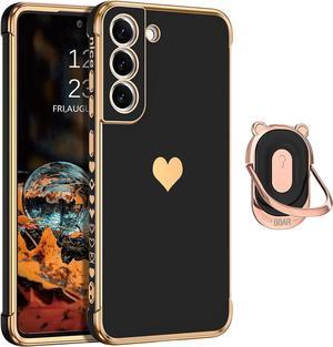 Case for Samsung Galaxy S21 FE, S21 FE 5G Case Heart Pattern Women Girls Ring Holder Cute Bear Kickstand Finger Loop Stand Slim Soft Electroplated Gold Shockproof Protective Phone Cover, Black