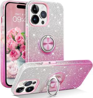 iPhone 14 Pro Max Case with 360° Rotatable Ring Holder Magnetic Kickstand Slim Glitter Bling Women Girls 2-Layer Shockproof Protective Phone Cover 6.7 Inch, Gradient Pink