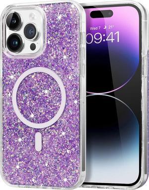 Case for iPhone 14 Pro max, [Compatible with MagSafe], Magnetic Glitter Slim Bling Sparkle Crystal Women Girls Girly Soft Cute Anti-Scratch Shockproof Protective Phone Cover 6.7 Inch, Purple