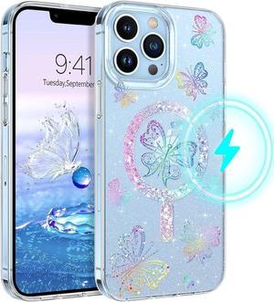 Case for iPhone 13 Pro Max, [Compatible with MagSafe] Cute Magnetic Transparent Glitter Butterfly Pattern Slim Bling Sparkle Women Girly Soft Shockproof Protective Phone Cover 6.7 Inch, Clear