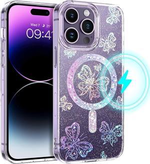 Case for iPhone 14 Pro maxCompatible with MagSafe Magnetic Clear Glitter Slim Bling Diamond Rhinestone Sparkle Luxury Plating Women Girly Soft Shockproof Protective Phone Cover 67 InchGold