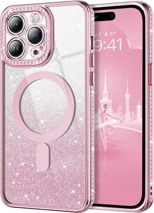 Design for iPhone 14 Pro Max Case, [Compatible with MagSafe] Magnetic Glitter Cute Slim Clear Women Girly Bling Diamond Sparkle Plating Soft Shockproof Protective Phone Cover 6.7 Inch, Pink