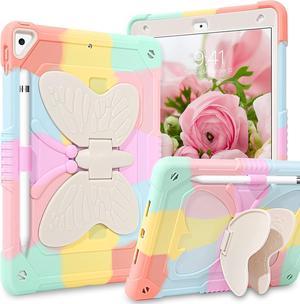 iPad 9th Generation Case, iPad 10.2 Inch Case, iPad 8th 7th Generation Case, iPad Air 3 Case Girls Kids Women Butterfly Kickstand Shockproof Protective Cover with Pencil Holder, Colorful Pink