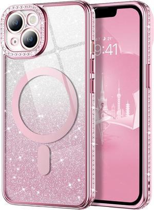Case for iPhone 14 Compatible with MagSafe Glitter Clear Case for Women Girly Cute Magnetic Slim Bling Diamond Sparkle Luxury Plating Crystal Soft Shockproof Protective Cover 61 Inch Pink