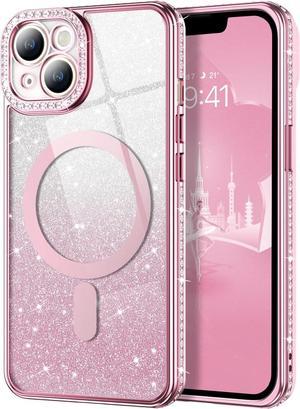 Case for iPhone 14, [Compatible with MagSafe] Glitter Clear Case for Women Girly Cute Magnetic Slim Bling Diamond Sparkle Luxury Plating Crystal Soft Shockproof Protective Cover 6.1 Inch, Pink