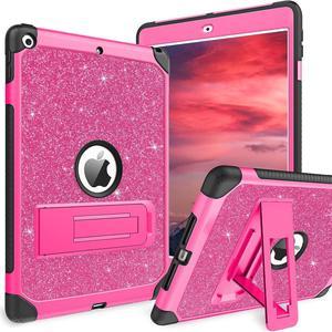 for iPad 10.2 Inch Case,iPad 9th 8th 7th Generation Case Glitter Bling Sparkle Kid Girls Kickstand Heavy Duty Shockproof Protective Tablet Cover for iPad 9th 8th 7th Gen 2021/2020/2019,Hot Pink