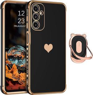 for Samsung Galaxy A14 5G Case, Slim Fit Hearts Pattern with Ring Holder Cute Bear Kickstand Finger Loop Soft Electroplated Gold Women Girls Shockproof Protective Phone Cover, Black