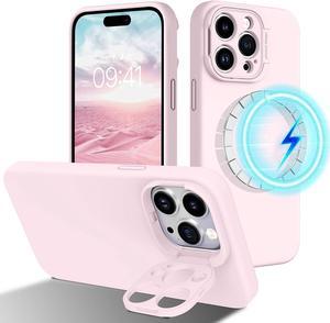 Case for iPhone 14 Pro Max, [Compatible with MagSafe] Slim Soft Liquid Silicone with Camera Ring Holder Kickstand Microfiber Lining Shockproof Protective Phone Cover 6.7 Inch, Chalk Pink