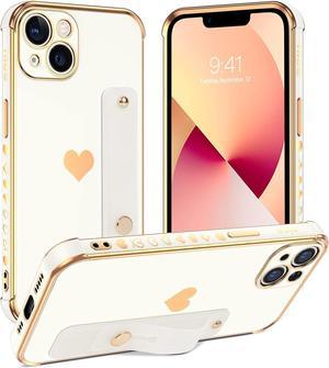 Case for iPhone 13, iPhone 13 Cover 6.1 inch with Finger Loop Holder Wrist Strap Kickstand Hearts Pattern Love Plating Women Girls Slim Fit Soft Shockproof Protective Phone Cases, White