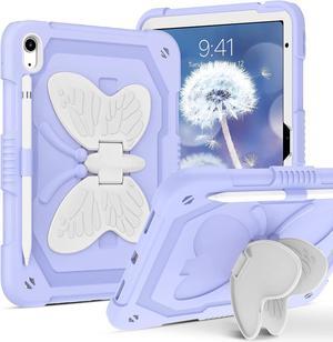 Case for iPad 10th Generation 2022 with Pencil Holder Butterfly Kickstand Soft Silicone Hard PC Girls Kid Shockproof Protective Tablet Cover for iPad 10th Gen 10.9 Inch A2696 A2757 A2777,Purple