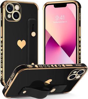 Case for iPhone 13, Hearts Pattern Love Plating Women Girls Wristband Holder Kickstand Hand Strap Stand Slim Fit Soft Shockproof Protective Phone Cases Cover for iPhone 13 6.1 inch 2021, Black