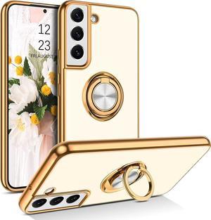 Designed for Samsung Galaxy S23 Case 6.1 Inch with 360° Rotatable Ring Holder Magnetic Kickstand Women Girls Men Slim Electroplated Gold Shockproof Protective Phone Cover 6.1", White/Gold