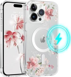 Case for iPhone 14 Pro Max, [Compatible with MagSafe] Magnetic Clear Floral Pattern Design Transparent Women Girls Slim Soft Cute Shockproof Protective Phone Cases Cover 6.7 Inch, Pink Flower