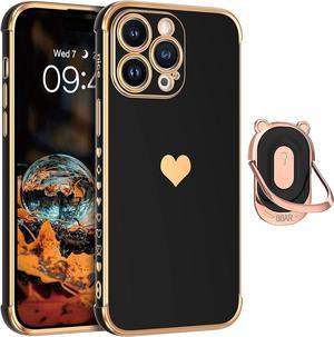 Case for iPhone 14 Pro Max 6.7 Inch Women Girls Ring Holder Cute Bear Kickstand Finger Loop Stand Slim Heart Pattern Soft Electroplated Gold Shockproof Protective Phone Cover, Black