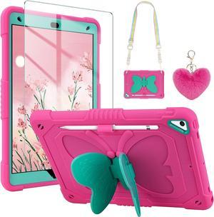 for iPad 9th Generation Case 8th 7th Gen 10.2 inch with Screen Protector/Butterfly Kickstand/Lanyard/Keychain Rugged Case with Pencil Holder for Kids Girls Cover for iPad 10.2 Case Rose Red