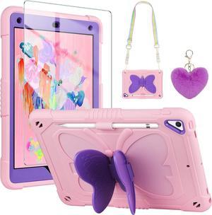 for iPad 97 Case iPad 6th 5th Generation Cases with Screen ProtectorButterfly KickstandLanyardKeychain Rugged Case with Pencil Holder for Girls Kids iPad Air 2 Case 97 Pink Purple