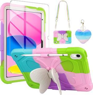 for iPad 10th Generation Case 2022 with Butterfly Kickstand/Screen Protector/Lanyard/Keychain Rugged Case with Pencil Holder for Girls Kids Tablet Cover for iPad 10th Gen 10.9'' Rainbow Pink