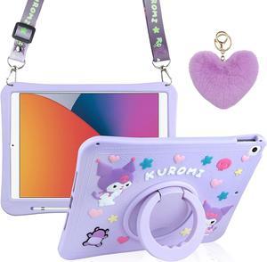 for iPad 9th Generation Case 8th 7th Generation Case iPad 10.2 Case with Kickstand Lanyard Heart Keychain Pencil Holder Silicone Case for Girls Kids Cute Protective Tablet Cover Lilac Purple