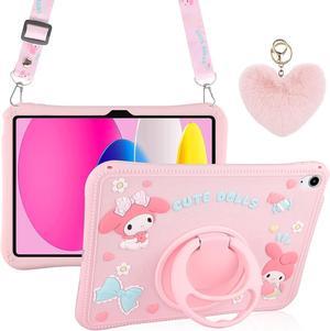 for iPad 10th Generation Case 2022 with Kickstand Lanyard Heart Keychain Silicone Case for Girls Kids Cute Protective Tablet Cover for iPad 10th Gen 10.9 inch 2022 Pink