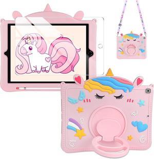 for iPad 9th 8th 7th Generation Case 10.2 inch with Screen Protector 360° Rotating Kickstand Shoulder Strap Cute Cartoon Silicone Case for Kids Girls Cover for iPad 10.2 Case 2021 2020 2019