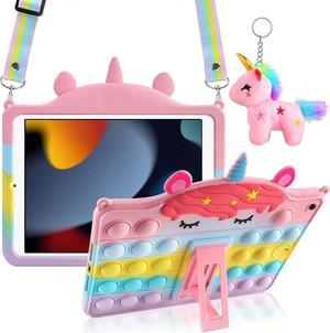 for iPad 10.2 Case iPad 9th 8th 7th Generation Case with Kickstand Lanyard Keychain Silicone Fidget Bubble Case for Girls Women Cute Rainbow Pop Protective Tablet Cover for iPad 2021 2020 2019
