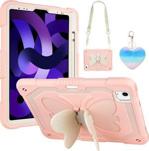 for iPad Air 5th Generation Case with Kickstand Lanyard Keychain Pencil Holder Rugged Heavy Duty Case for Girls Kids Protective Tablet Cover for iPad Air 5th 4th Gen 2022 2020 10.9'' Pink