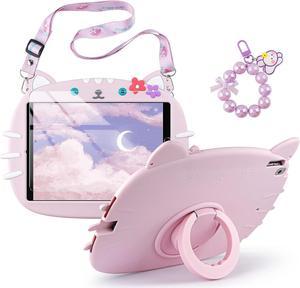 for iPad 9th Generation Case 8th 7th Generation Case iPad 10.2 Case with Screen Protector, 360 Rotating Kickstand Lanyard Keychain Case for Kids Girls Cute Protective 10.2 inch Cover Pink