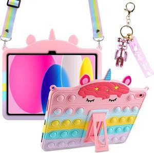 for iPad 10th Generation Case 2022 with Kickstand/Shoulder Strap/Bear Keychain Silicone Case for Girls Kids Cute Rainbow Protective Tablet Cover for iPad 10th Gen 10.9 inch 2022