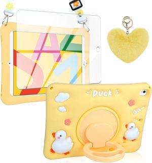 for iPad 9.7 Case iPad 6th 5th Generation Cases with Screen Protector Kickstand Lanyard Keychain Silicone Case for Kids Girls Cute Duck Protective Tablet Cover for iPad Air 2 Case 9.7'' Yellow