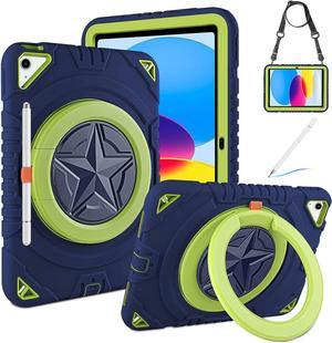 for iPad 10th Generation Case 2022 with Stylus Pen, 360 Rotating Stand, Pencil Holder, Shoulder Strap, Heavy Duty Rugged Protective Boys Kids Case Cover for iPad 10th Gen 10.9 inch Navy Green