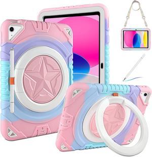 for iPad 10th Generation Case 2022 with Stylus Pen, 360 Rotating Stand, Pencil Holder, Shoulder Strap, Heavy Duty Rugged Protective Girls Kids Case Cover for iPad 10th Gen 10.9 inch Rose Pink