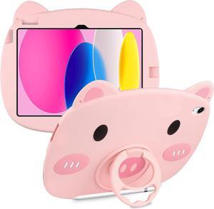 for iPad 10th Generation Case 2022 with Kickstand Pencil Holder Silicone Case for Girls Kids Cute Pig Protective Holder Tablet Cover for iPad 10th Gen 10.9 inch 2022 Pink