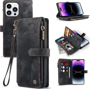 for iPhone 14 Pro Max Case Wallet with Card Holder Zipper Purse Wristlet Strap Kickstand for Women Men Flip Leather Magnetic Clasp Protective Cover Cases for iPhone 14 Pro Max 6.7 Inch Black