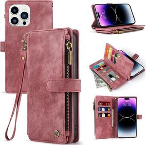 for iPhone 14 Pro Max Case Wallet with Card Holder Zipper Purse Wristlet Strap Kickstand for Women Men Flip Leather Magnetic Clasp Protective Cover Cases for iPhone 14 Pro Max 6.7 Inch Red