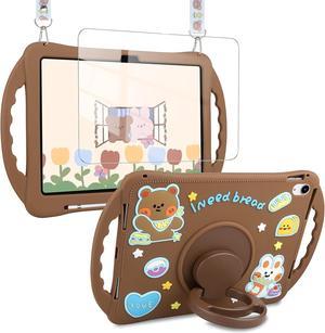 for iPad 10th Generation Case 2022 with Kickstand Screen Protector Lanyard Pencil Holder Silicone Case for Girls Kids Cute Protective Tablet Cover for iPad 10th Gen 10.9 inch 2022 Brown Bear