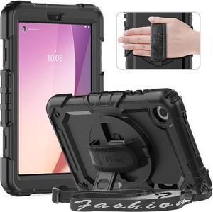 Case for Lenovo Tab M8 (4th Gen), TB-300FU 2023 Release 8.0 inch Tablet Case: with Strong Protection, Screen Protector, Hand Strap, Shoulder Strap, Rotating Stand, Stylus Holder - Black