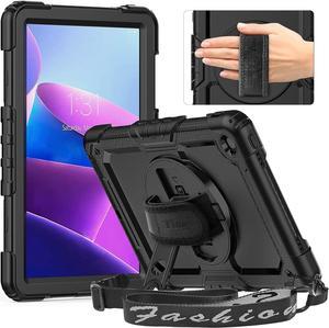 Case for Lenovo Tab M10 Plus 3rd Gen, TB-125F/ TB-128F, 2023 10.6 inch Tablet Case: with Strong Protection, Screen Protector, Hand Strap, Shoulder Strap, Rotating Stand, Stylus Holder - Black