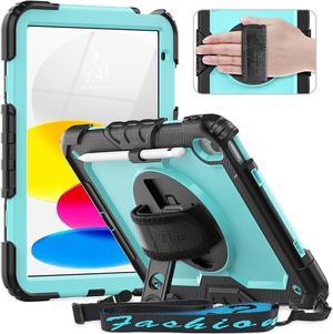 iPad 10th Generation Case (iPad 10.9 inch Case, iPad 10 Gen Case): with Strong Protection, Screen Protector, Hand Strap, Shoulder Strap, 360° Rotating Stand, Pencil Holder - Light Blue