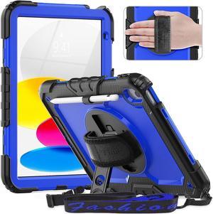 iPad 10th Generation Case (iPad 10.9 inch Case, iPad 10 Gen Case): with Strong Protection, Screen Protector, Hand Strap, Shoulder Strap, 360° Rotating Stand, Pencil Holder - Dark Blue