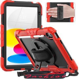 iPad 10th Generation Case (iPad 10.9 inch Case, iPad 10 Gen Case): with Strong Protection, Screen Protector, Hand Strap, Shoulder Strap, 360° Rotating Stand, Pencil Holder - Red