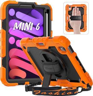 iPad Mini 6th Generation Case 2021 8.3-Inch, Full-body Protective Case with Screen Protector Pencil Holder Swivel Kickstand Hand Strap/Shoulder Strap Kids Case for iPad Mini 6 8.3''- Orange