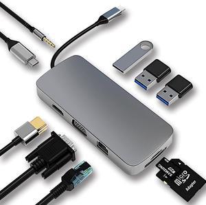 USB C HUB Dongle, 10-in-1 USB C Adapter Docking Station with 4K HDMI,VGA,Type C PD,USB3.0,RJ45 Ethernet,SD/TF Card Reader,3.5mm AUX, Compatible with MacBook Pro/Air, Other Type C Latops Devices