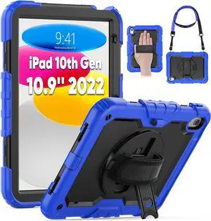 Kids Case for iPad Air 5th/4th Generation 10.9", Full-Body Shockproof Protective Case with Screen Protector, Rotating Stand/Hand/Shoulder Strap for iPad Air 5/ Air 4, Colorful Light Blue
