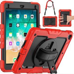 iPad 6th/5th Generation Case 9.7 Inch, Full-Body Shockproof Heavy Duty Protective Case with Screen Protector, Rotating Stand/Handle/Shoulder Strap for iPad 6th/ 5th Gen/Air 2/ Pro 9.7, Red